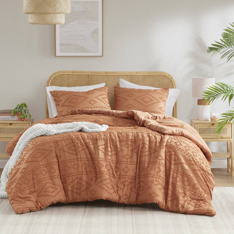 Gigi Clipped Jacquard Tufted Comforter Set, Terracotta, King Comforter + 2 Standard Shams