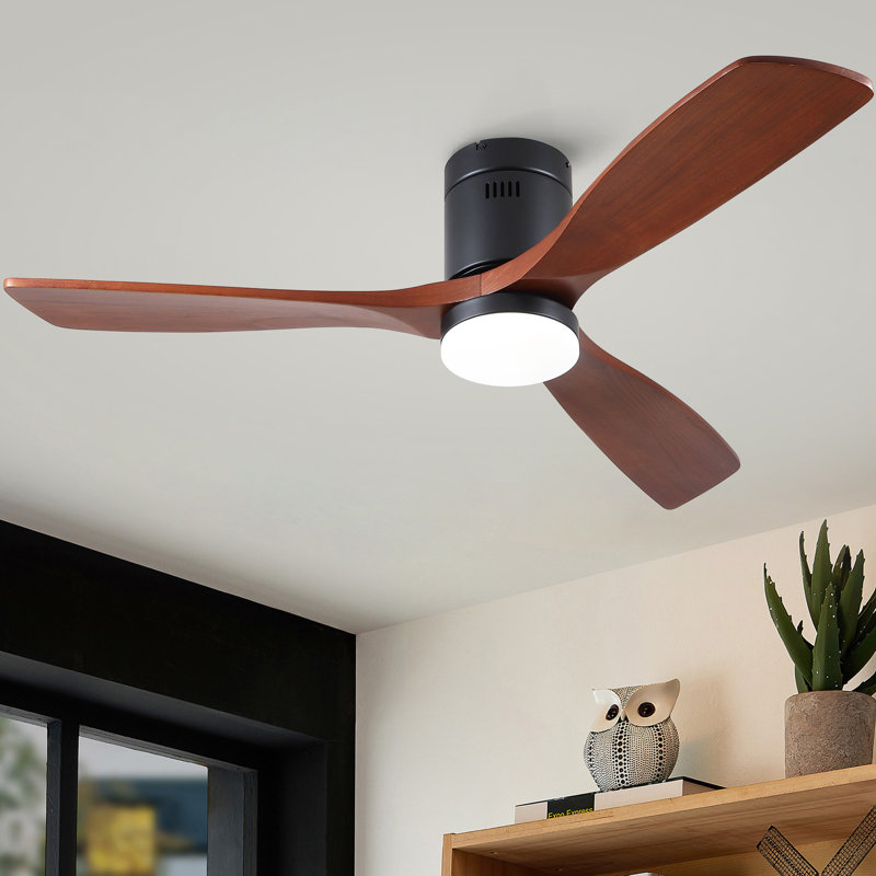 Ventilateur de plafond encastré à 3 pales de 52 po en bois brun avec télécommande et ensemble d'éclairage, Noir mat, Brun