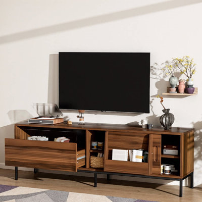Meuble télé pour téléviseur de 75 po ou moins, porte coulissante, meuble multimédia de style Mid-Century moderne