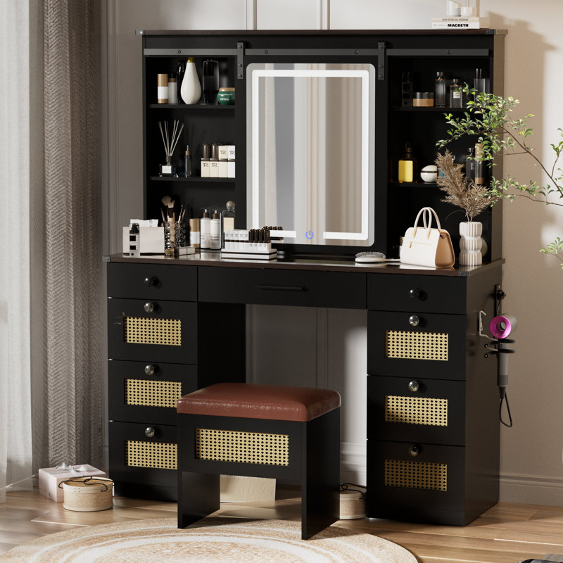 Farmhouse Vanity Desk Makeup Vanity Table Set, Black