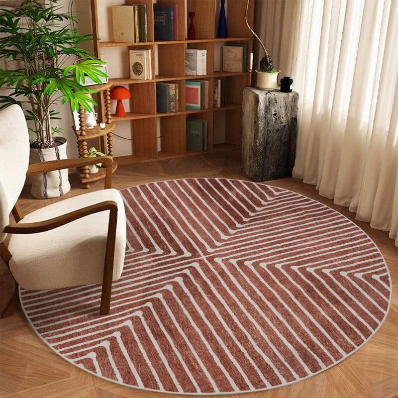 Knidos - Tapis d'intérieur lavable à la machine - Tapis rond beige et orange de 5 pi 3 po, Rond 5 pi 3 po