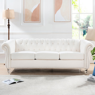 85.96" Rolled Arm 3 Seater White . Complies With Us Tb117. Deep Pull Buckles Staggered For Even Support. Birch Legs Paint Seal Stain Eradication. Solid Wood + Plywood Inner Structure. Foam And Pocket