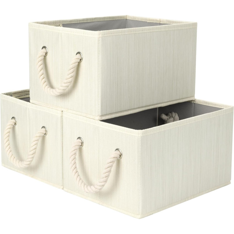 Paniers de rangement pour étagères de rangement, bacs de rangement pliables en tissu avec poignées, paquet de 3, Beige