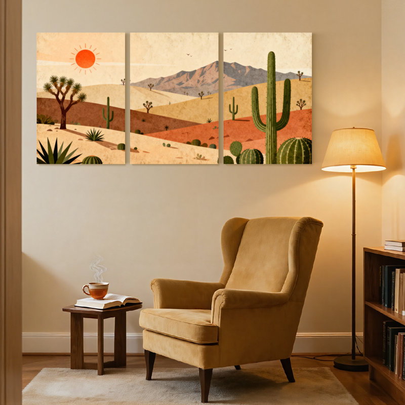 «Landscape & Nature Desert Landscape with Cactus and Sun», ensemble de 3 impressions sur toile, H 24 po x l 48 po