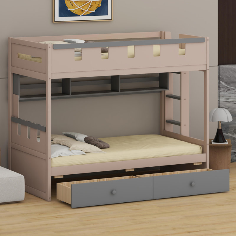 Fantasy-Themed Bunk Frame Featuring Drawer Organization, Display Shelves, and Ambient LED Illumination, Gray