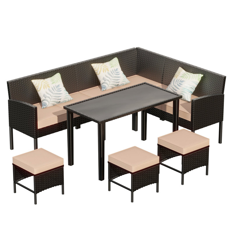 7 Small Space Outdoor Furniture , Grey High-Back Chairs, Waterproof Cushions, All-Weather , Breathable Mesh, Glass Table, Frame Backyard With 7 Pieces, Blue Seats, Design, Space, Fabric,