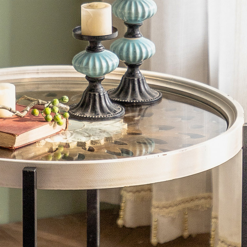 Table de bout à plateau rond de style moderne et campagnard de 23,2 po avec rangement double couche pour le salon et la chambre à coucher