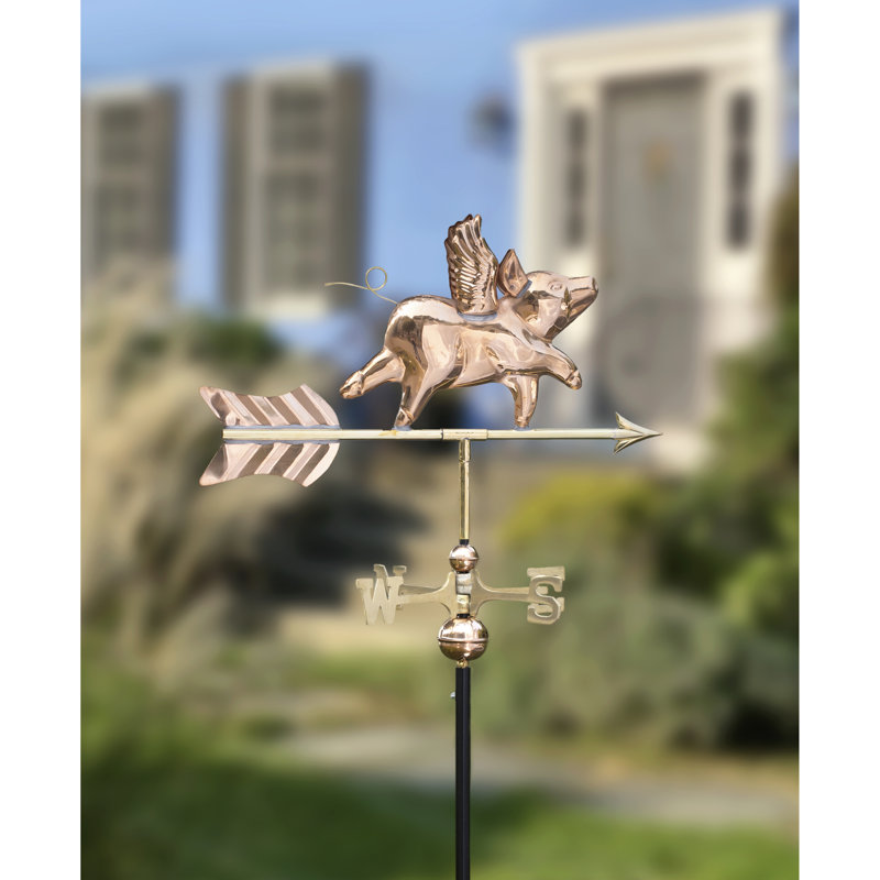 Girouette cochon volant, Cuivre poli, Poteau de jardin
