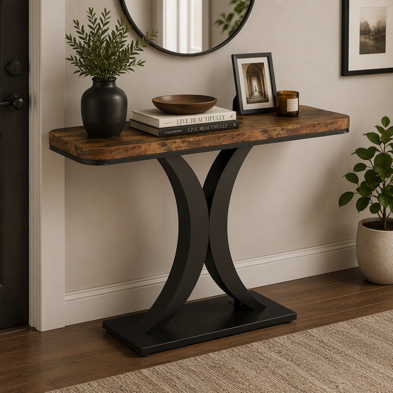 Console 40 po, table de vestibule étroite avec base géométrique, Brun