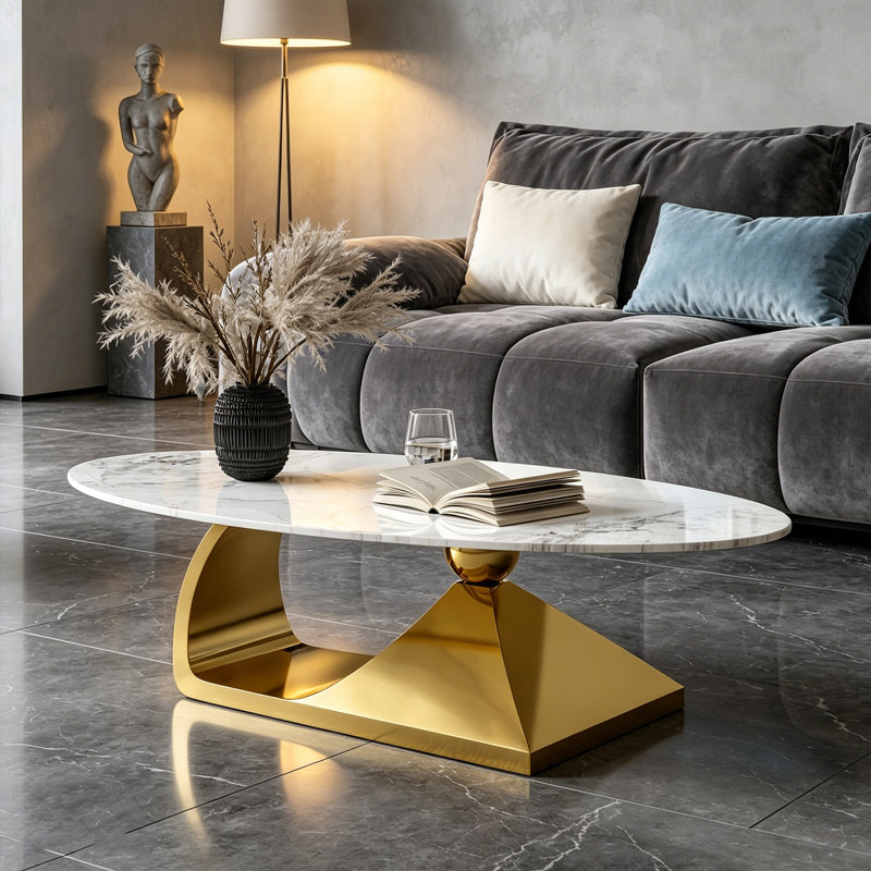 Modern Oval Coffee Table with Faux Marble Top and Sculptural Gold Base