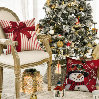 Merry Christmas Let It Snow Joy Stripes Gift Box Red Throw Pillow Covers, Xmas Tree Holiday Cushion Case Decoration For Sofa Couch Set Of 4