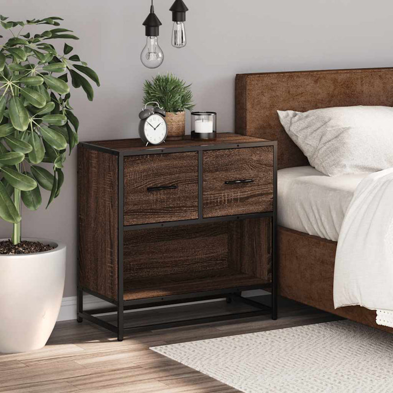 60cm W Metal Bedside Table, Brown oak