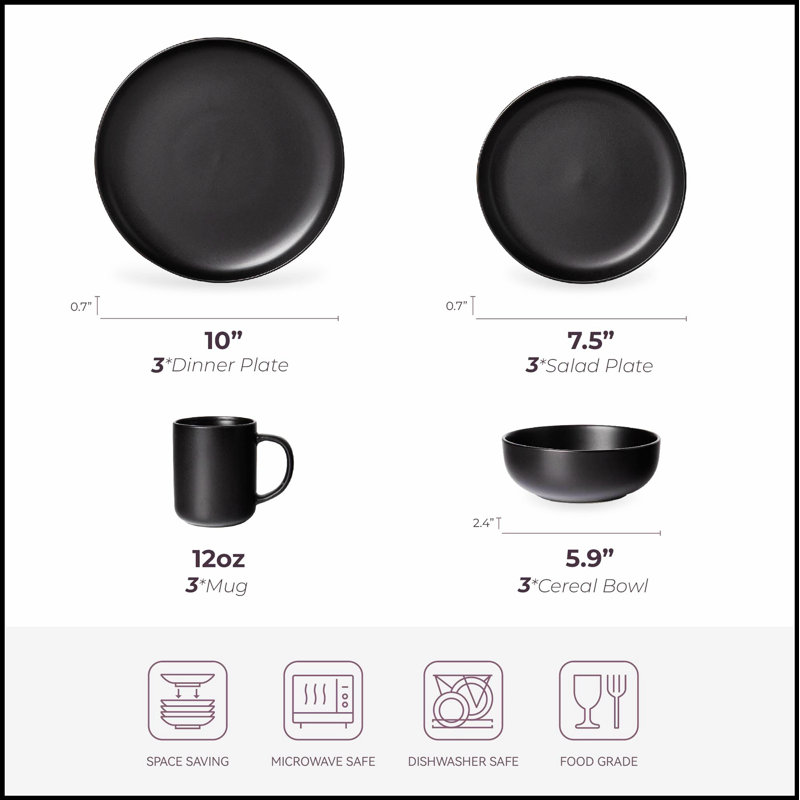 Service de table 12 pièces en grès avec tasses, micro-ondes et lave-vaisselle, Noir