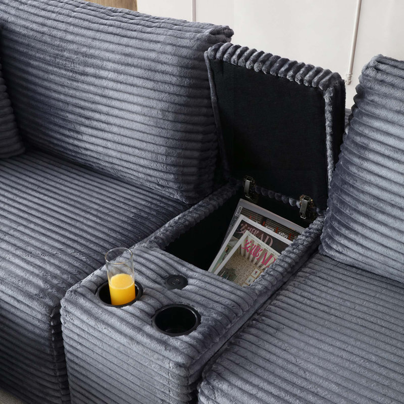 Modular Sectional Sofa With Deep Seat, Corduroy Fabric, Cup Holders, USB Ports, And Storage Box, Sleeper Sofa With Movable Ottoman, No Assembly Required, Grey