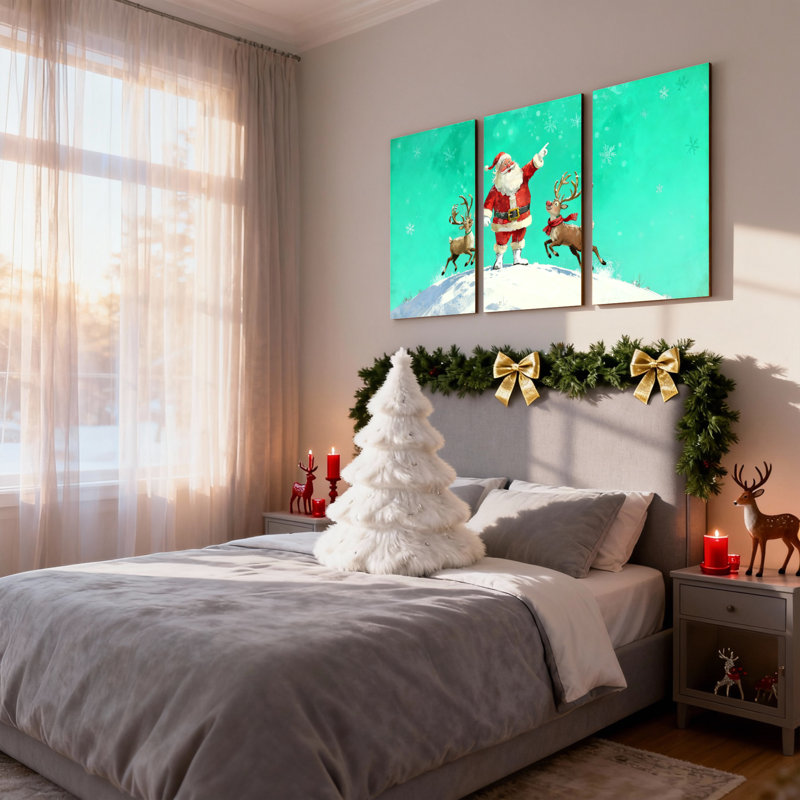 Ensemble de 3 impressions sur toile de Noël, père Noël et renne sur une colline enneigée, H 24 po x l 48 po