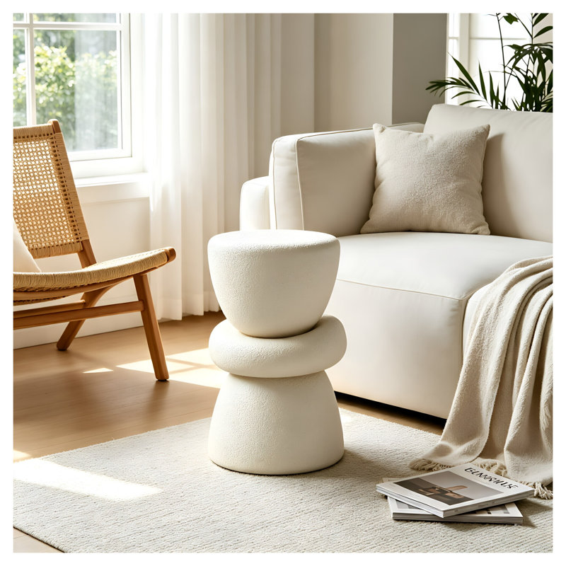 Table d'appoint empilable organique sculpturale, table de bout ronde en fibre de verre texturée crème pour canapé d'angle de salon, aucun assemblage requis