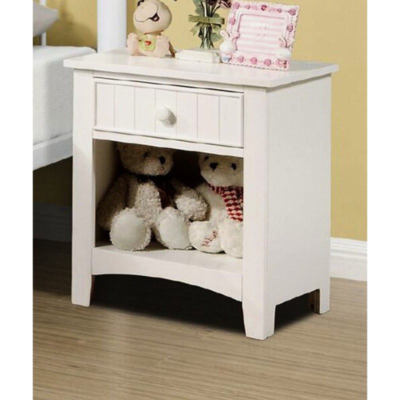 Élégante table de chevet en bois massif blanc avec tiroir et tablette