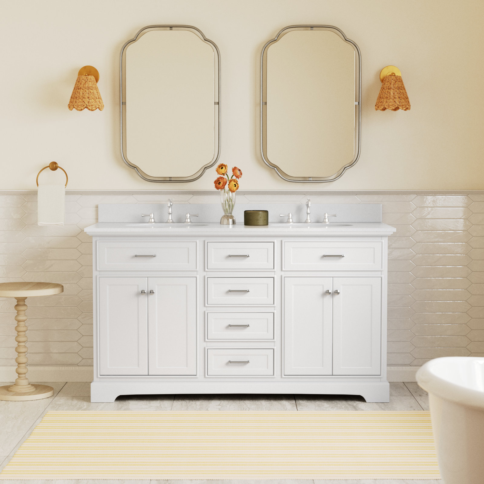 Ronnie 60'' Double Bathroom Vanity, White, Quartz
