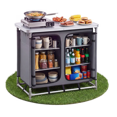 Armoire de rangement pour camping, table d'extérieur légère en aluminium portable, station de cuisine compacte à installation rapide, avec 6 tablettes et sac de transport, pour pique-nique, barbecue, fête, camping, voyage en véhicule récréatif