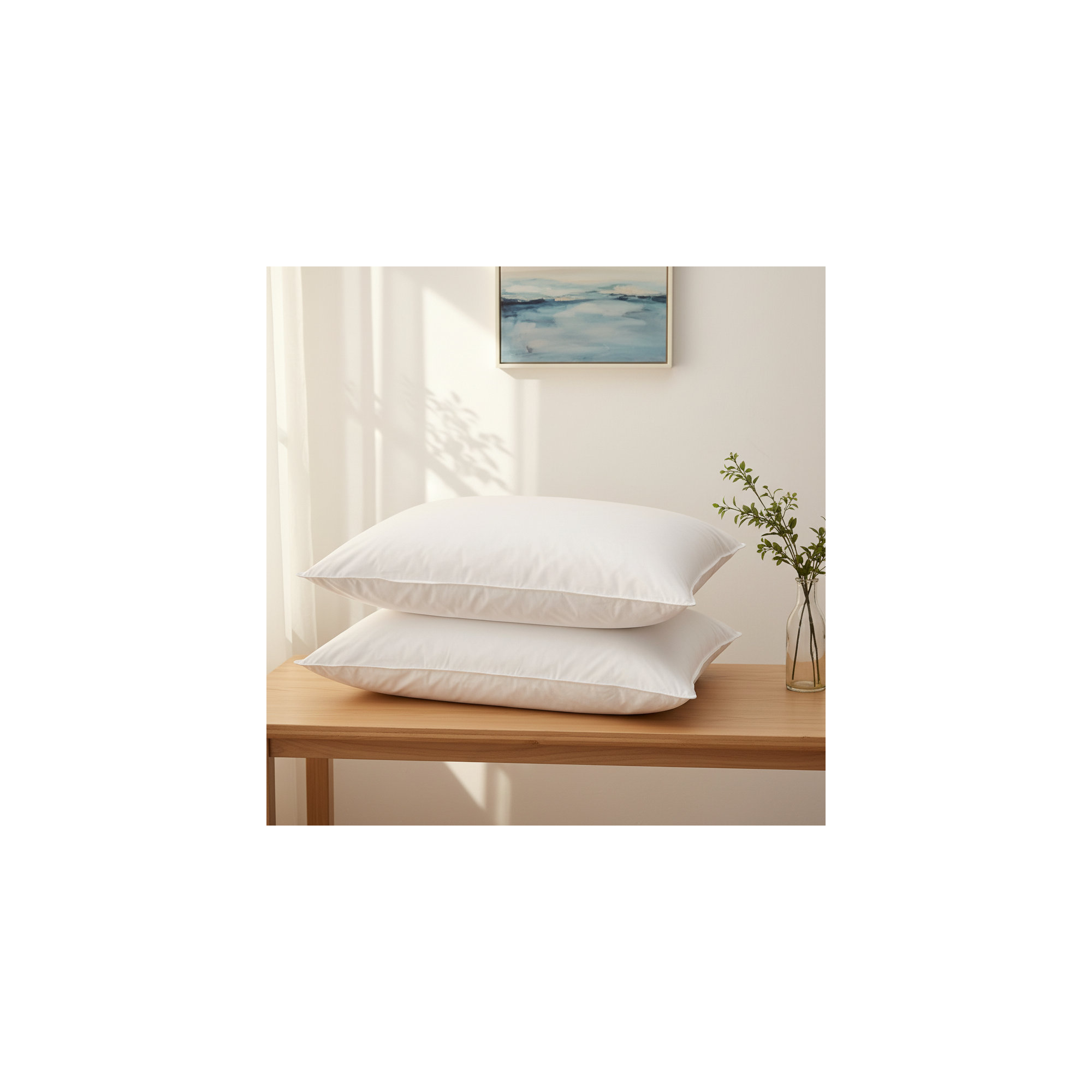 Goose Feather Down Blend Pillow, 100% Cotton Shell, Medium Support Sleep Pillows, Queen, White