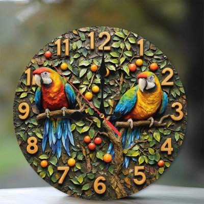 clock parrots fruits leaves textured design