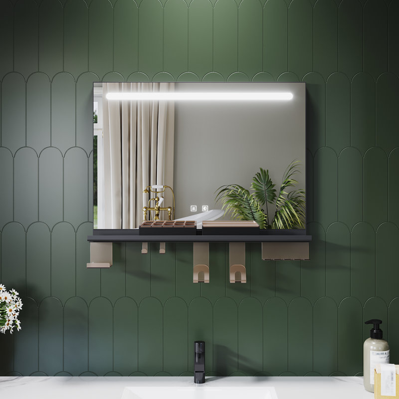 Black Aluminium LED Bathroom Mirror, Linear Frosted Anti-Fog Touch Dimming with Matching Storage, 50 cm H x 70 cm W