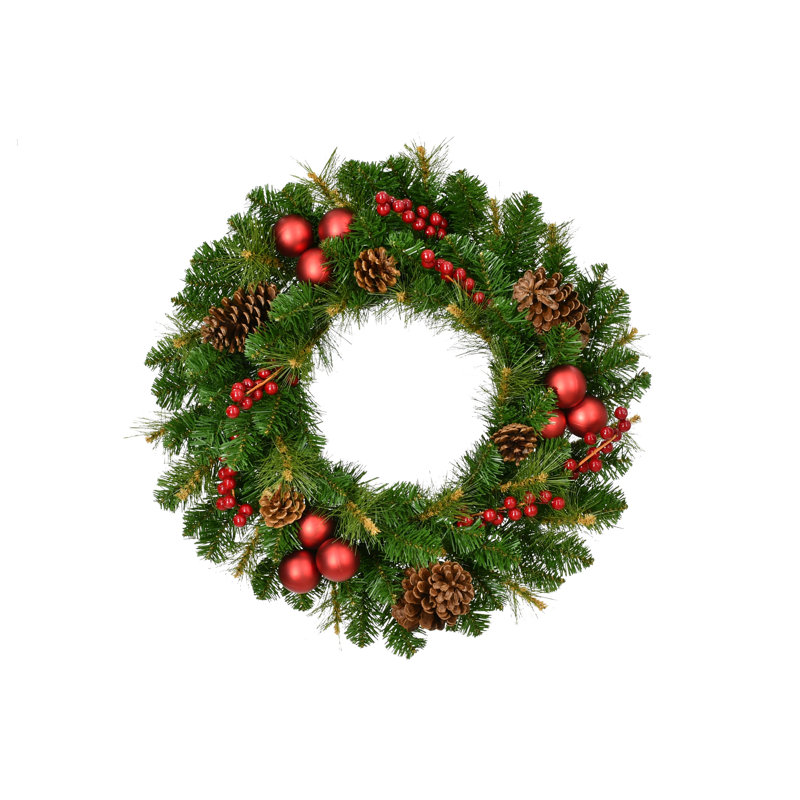 Couronne de Noël 24 po avec pommes de pin et ornements baies, H 24 po x l 24 po x P 5 po