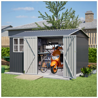 Durable Outdoor Steel Storage Shed with Clear Window, Lockable Doors, and Weather-Resistant Design for Garden, Backyard, and Patio