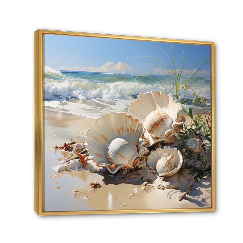 Beige palourde océan Whispers II - imprimé, H 36 po x l 36 po x P 1,5 po, Cadre flottant doré