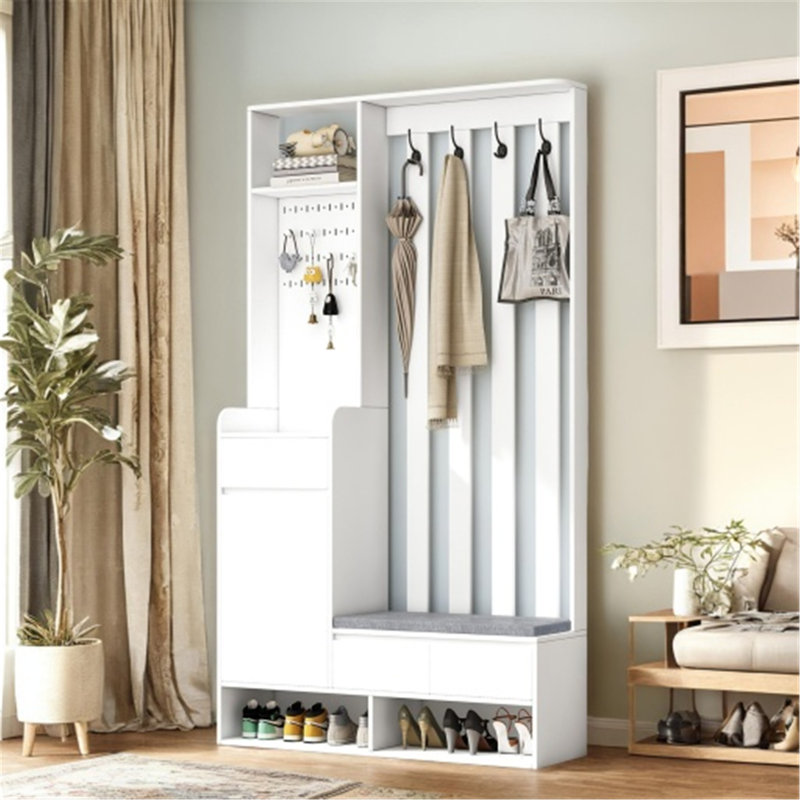 Versatile Hall Tree with Cushioned Bench and Multiple Storage Options, White