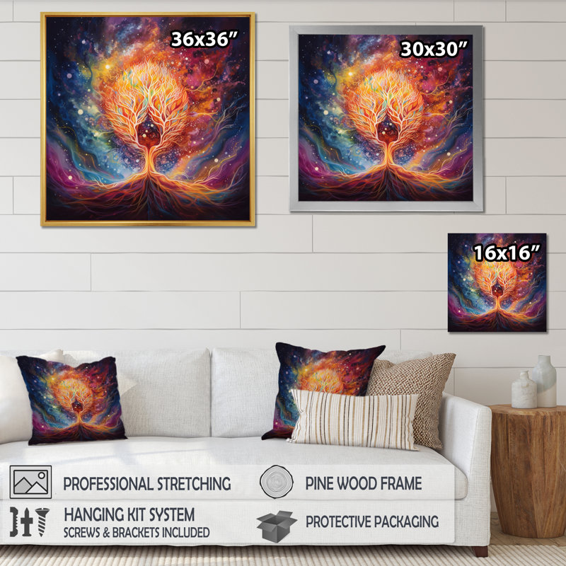L'énergie d'un arbre rayonnant mystique sur toile, H 16 po x l 16 po, Cadre flottant noir