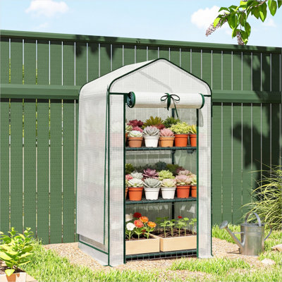 Mini serre en acier PE blanc doux avec toit en filet, pot de fleurs vertical à 3 niveaux pour patio