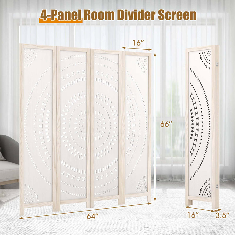  66" Boho 4-panel Room Divider With Carved Pattern & Solid Wood Frame 360° Hinges