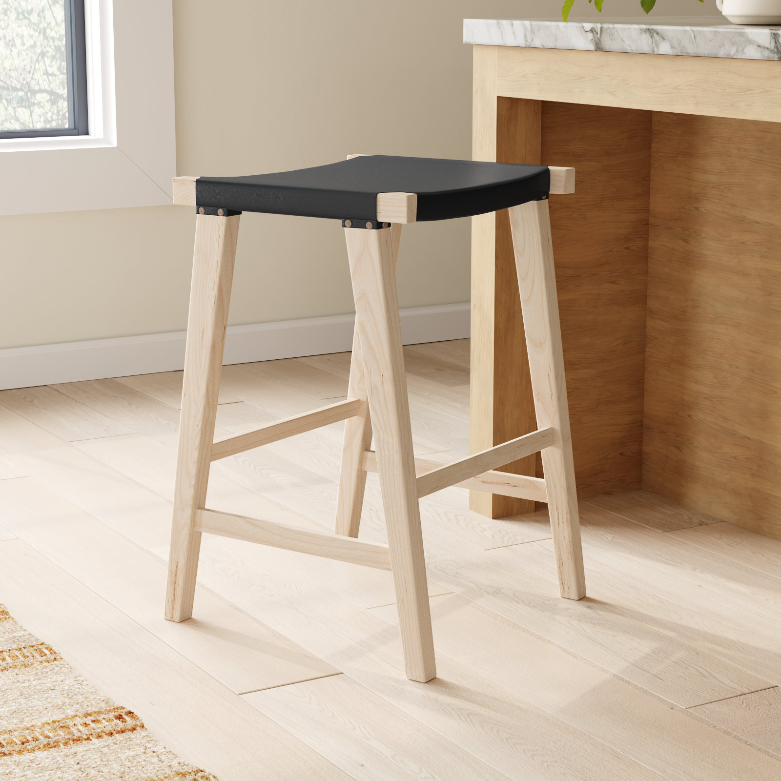 Kellan Genuine Leather Bar & Counter Stool, Black Genuine Leather, Counter Stool (26.8” Seat Height)