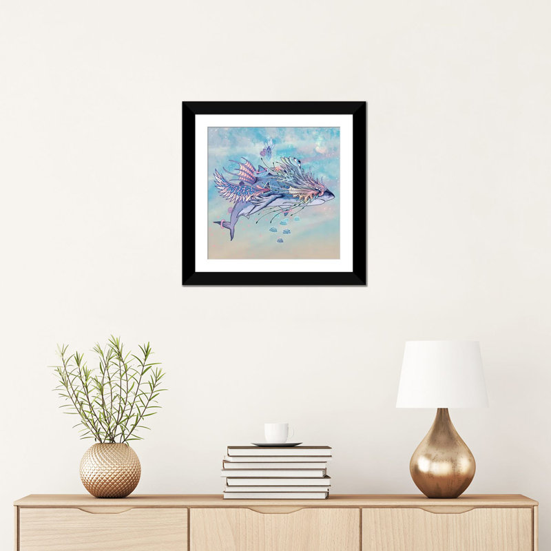 " Journeying Spirit (Shark) " by Mat Miller, 16" H x 16" W x 1" D, Black Framed Fine Art Paper, White