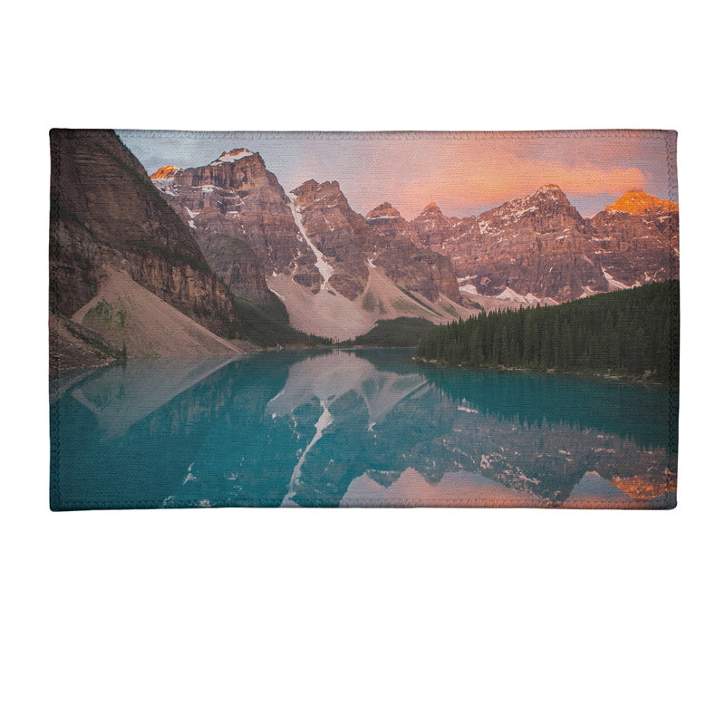 Tapis bleu / vert / rose en chenille Valley and Mountains At Sunset, Rectangle 2 pi x 3 pi