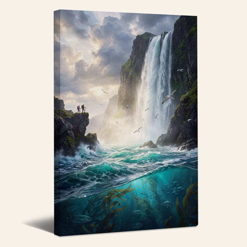 Art mural sur toile, cascade et océan turquoise, H 48 po x l 36 po