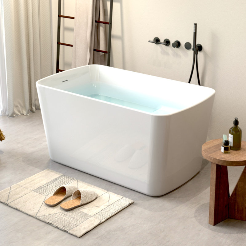 49"L X 28"W CUPC Certified Rectangular Freestanding Soaking Acrylic Small Bathtub with Integrated Seat for Small Space, White