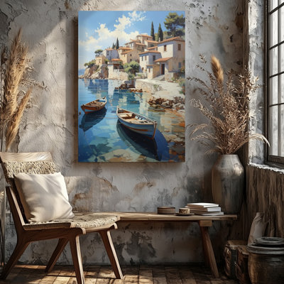 Méditerranée, village côtier, village de Canvaspastel, bord de mer, toile tendue, prêt à accrocher, galerie, décoration moderne