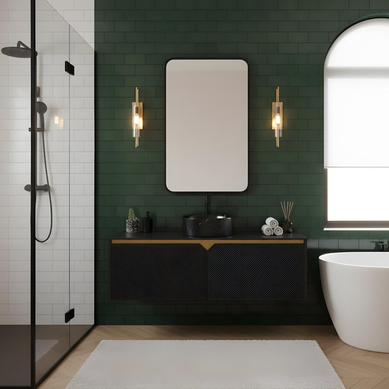 Meuble-lavabo mural 48 po avec portes doubles et vasque ronde en céramique noire, 48"