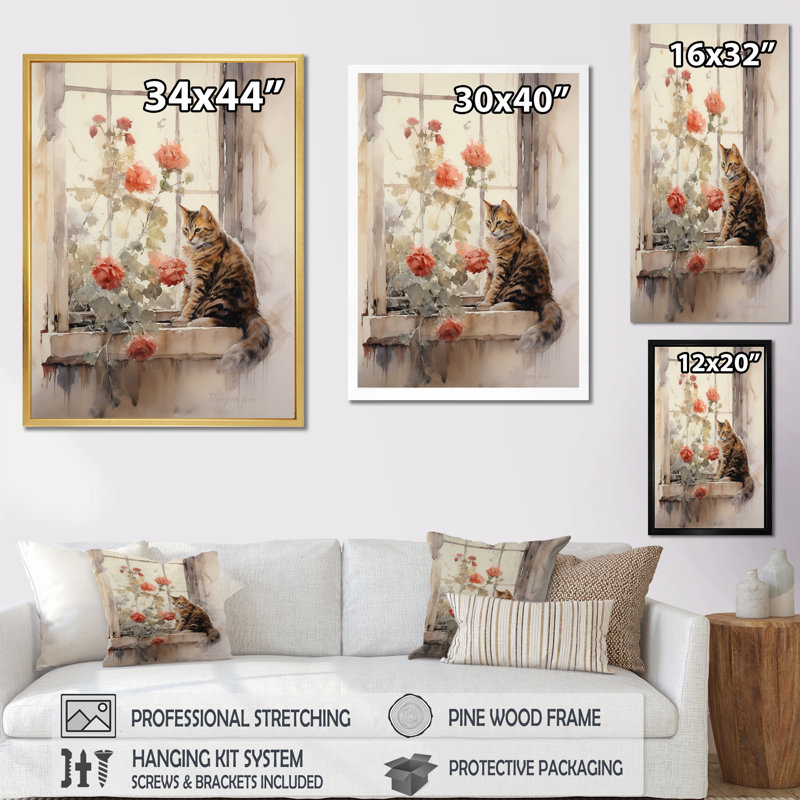 Chat brun assis sur une fenêtre, impression sur toile, H 20 po x l 12 po x P 1 po, Cadre flottant noir