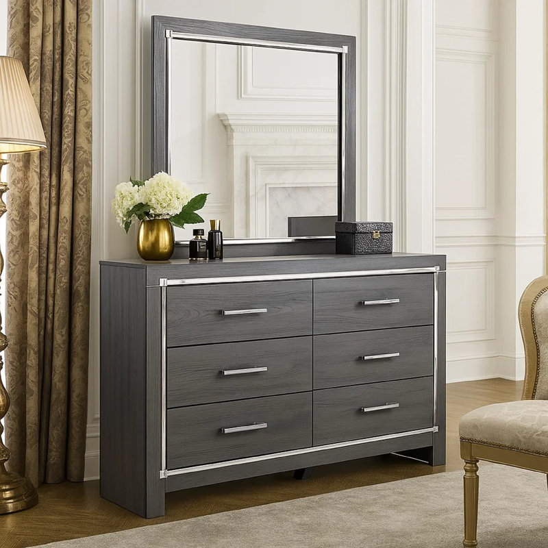 Leva 2Pc Dresser And Mirror Set, 6 Drawers W Chrome Handles, Dark Gray