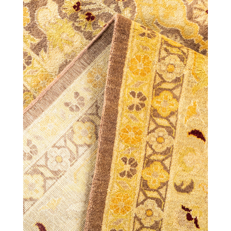 Tapis jaune / brun en laine nouée à la main 9 pi 1 po x 11 pi 10 po New Age Rugen