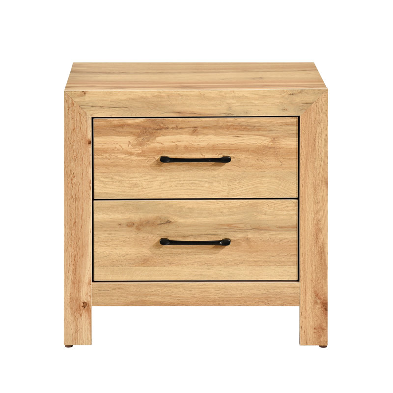 Armoire de chevet 2 chambres à finition naturelle de style rustique, poignées noires et glissières centrales en métal, surface à gratter, entièrement assemblée, table H 23,5 po x 16 po x 24 po pour la chambre à coucher, conception avec poignées en nickel, lisse