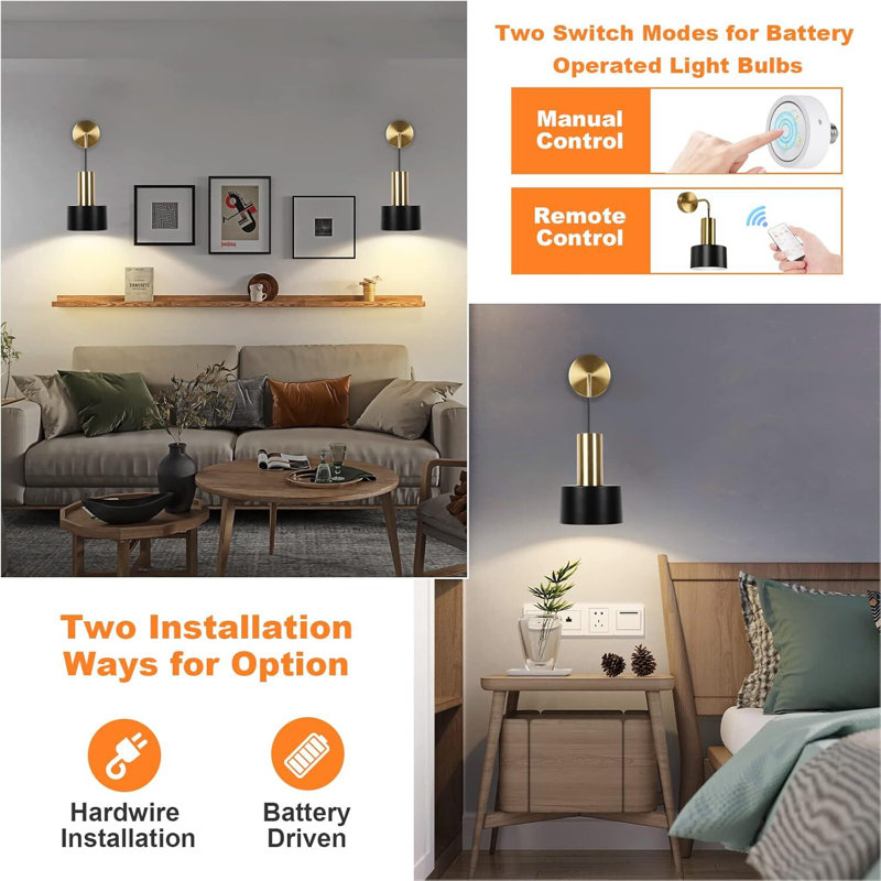 Black Battery-Powered Dimmable LED Wall Lights Set of 2