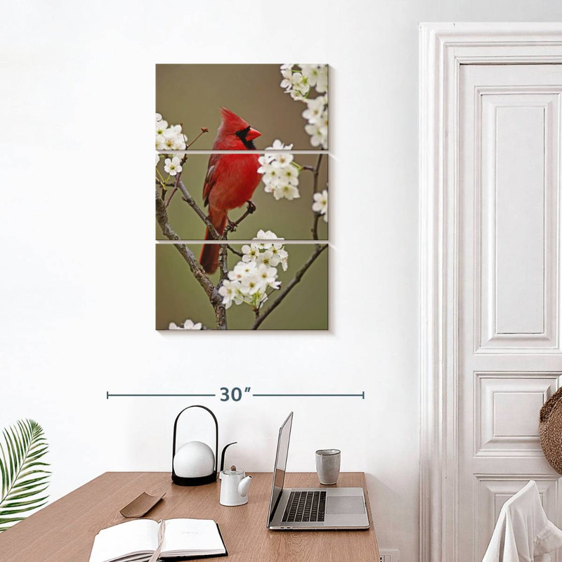 Brampt cardinal du nord et fleurs de poire, H 32 po x l 20 po