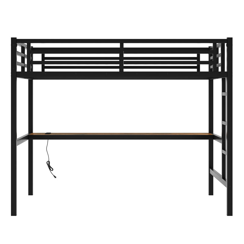 Full Size Space-Saving Metal Loft Bed with Desk, USB Charging, LED Light, Power Outlet & Noise-Reducing Design, Black, Full