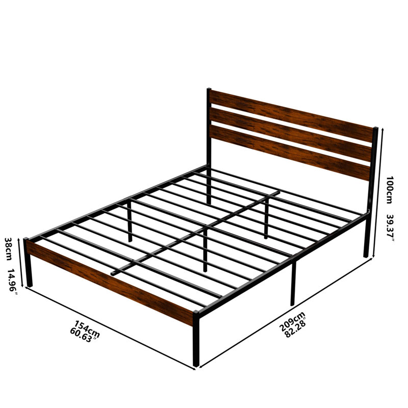 Tête de lit et pied de lit en fer rustique avec base de lit en fer robuste avec lattes en métal robustes et rangement sous le lit