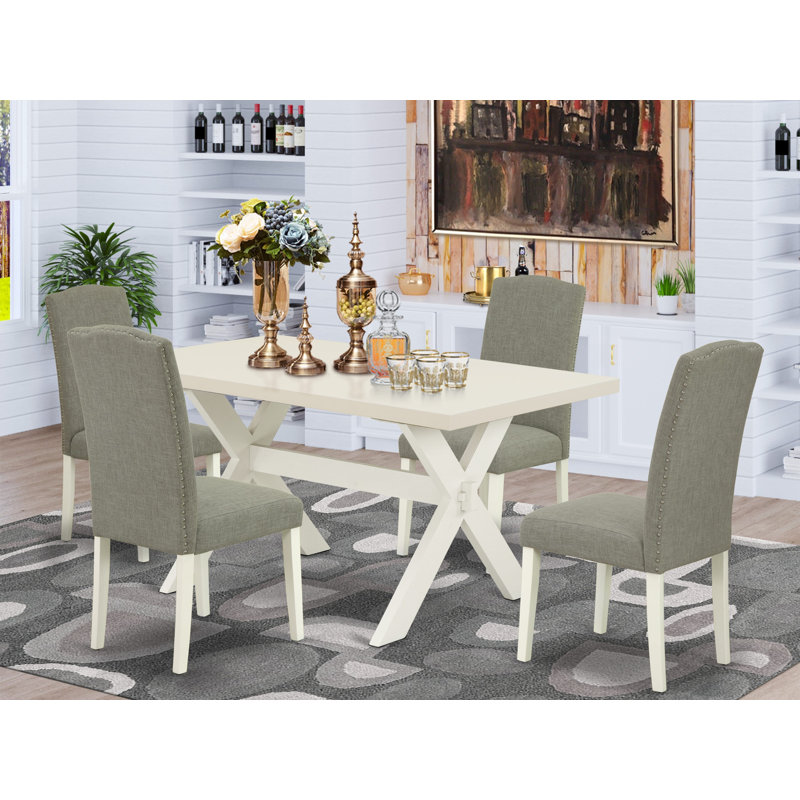 Ensemble de salle à manger 5 pièces comprenant une table de salle à manger rectangulaire avec pieds en X et 4 chaises de salle à manger Parson en tissu Shitake foncé, lin blanc