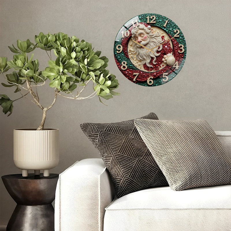 Christmas-Clock-Numbers-Santa-Face Art - 12'' Modern Glass Wall Clock